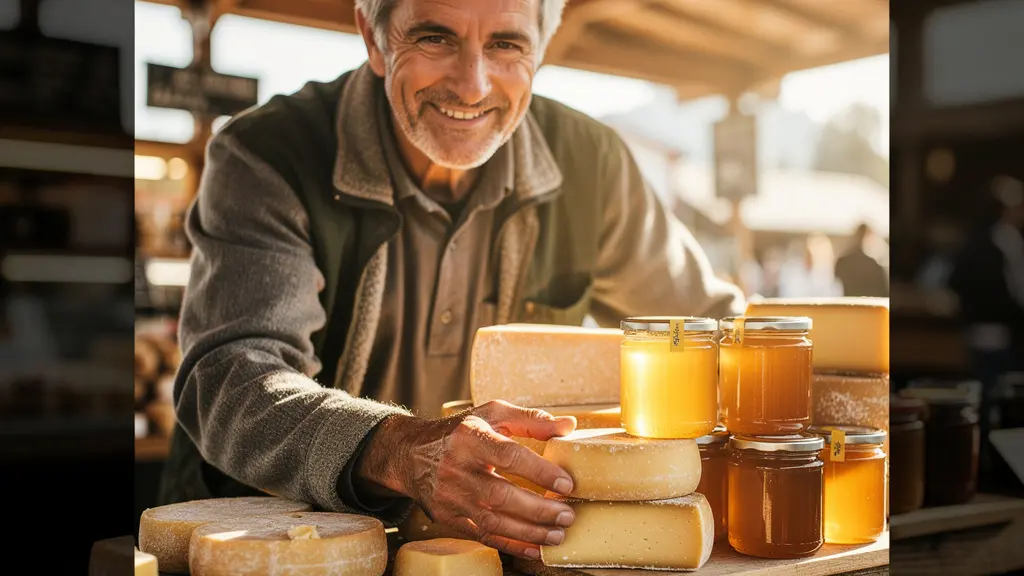 Regionale Produkte mit dem Schweizer Pärke Label auf einem Marktstand, präsentiert von einem stolzen Produzenten