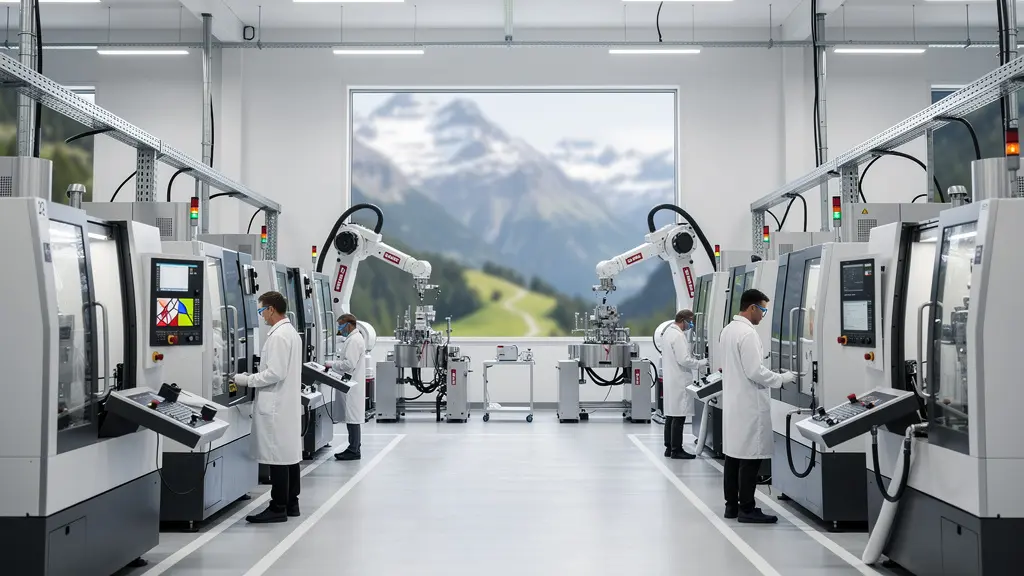 Schweizer Präzisionsmaschine in moderner Hightech-Fertigungshalle