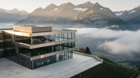 Moderne Schweizer Private Banking Zentrale mit futuristischer Architektur und Bergen im Hintergrund