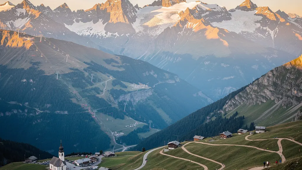 Panoramablick auf Schweizer Alpengipfel mit Skiliften und Wanderwegen im goldenen Abendlicht
