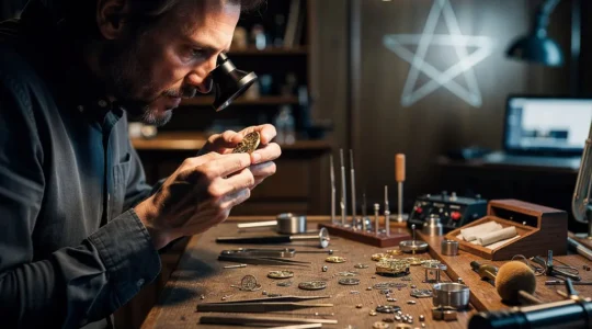 Schweizer Uhrmacher arbeitet in traditioneller Werkstatt mit digitalen Elementen im Hintergrund