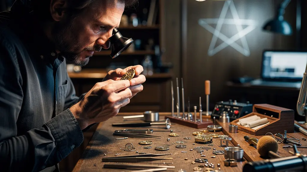 Schweizer Uhrmacher arbeitet in traditioneller Werkstatt mit digitalen Elementen im Hintergrund