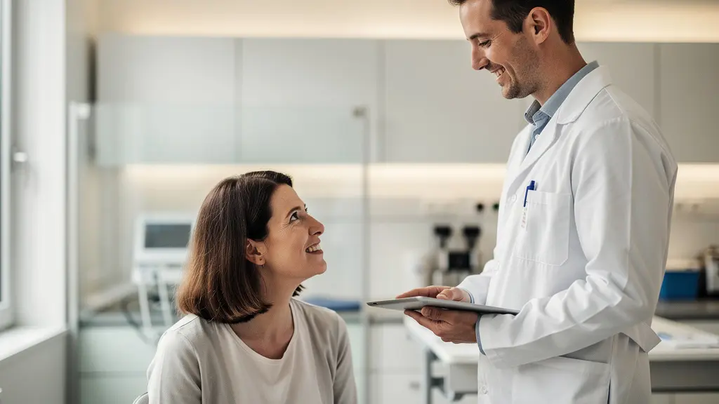 Klinische Forschungseinheit eines Schweizer Universitätsspitals, in der ein Forscher mit einem Patienten spricht