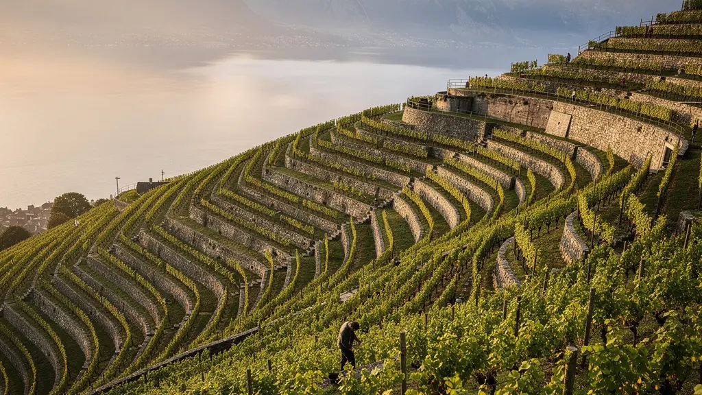 Steile Weinberg-Terrassen im Lavaux mit Blick auf den Genfersee