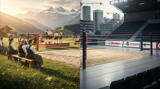 Traditioneller Schwingkampf im Sägemehl mit modernen Sponsorenelementen im Hintergrund