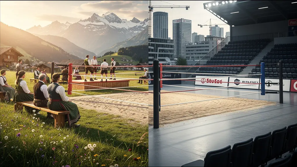 Traditioneller Schwingkampf im Sägemehl mit modernen Sponsorenelementen im Hintergrund