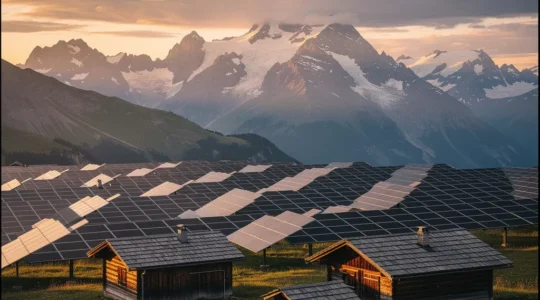 Alpine Solaranlagen zwischen schneebedeckten Schweizer Berggipfeln und traditionellen Bergdörfern