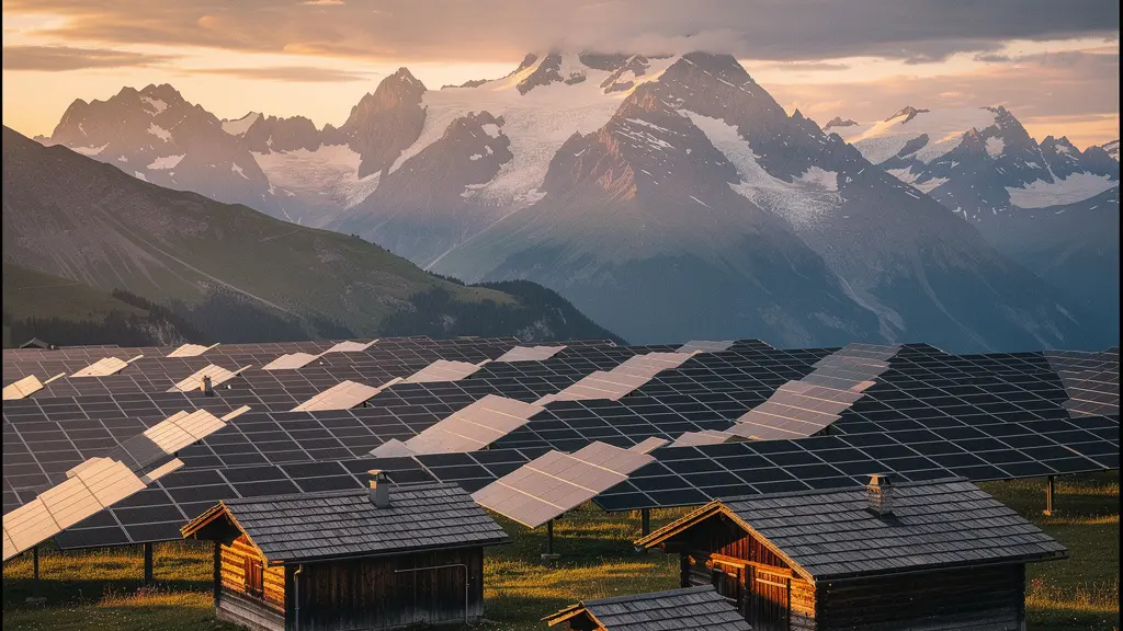 Alpine Solaranlagen zwischen schneebedeckten Schweizer Berggipfeln und traditionellen Bergdörfern