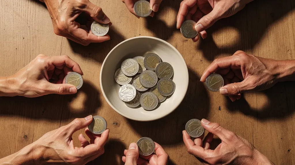 Hände verschiedener Menschen halten symbolisch Münzen über einem gemeinsamen Topf