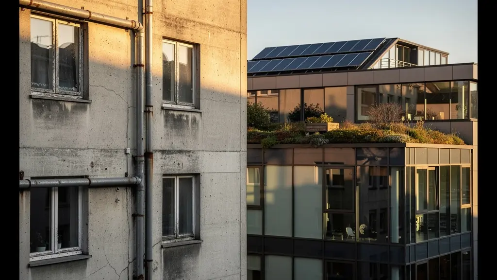 Verlassenes Bürogebäude mit veralteter Energieinfrastruktur im Kontrast zu modernem Minergie-Gebäude