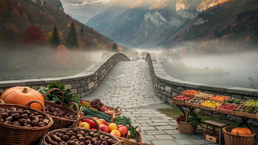Herbstliche Tessiner Landschaft mit leeren Wanderwegen und lokalem Markt