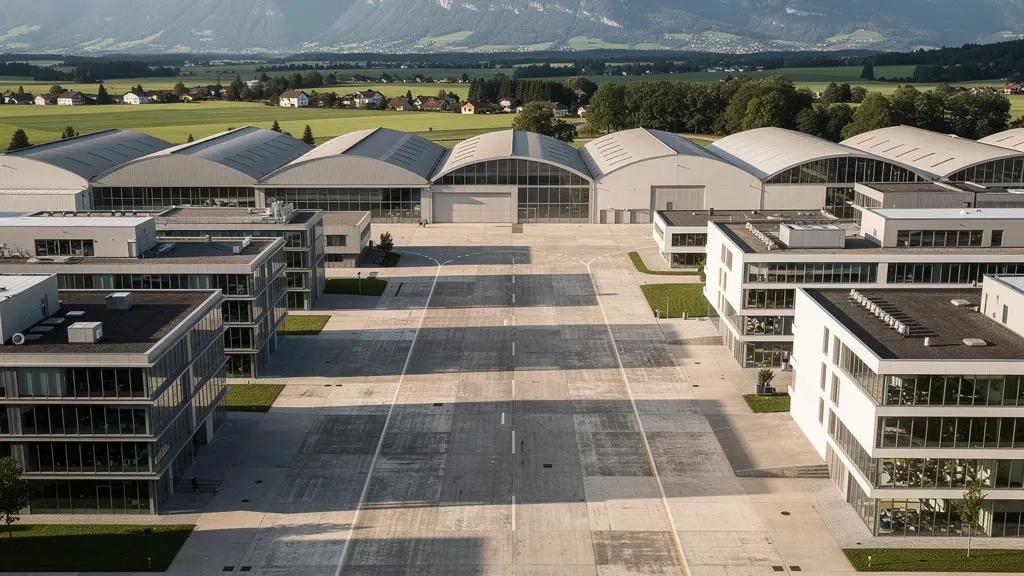 Luftaufnahme eines umgewandelten Militärflugplatzes mit modernen Forschungsgebäuden