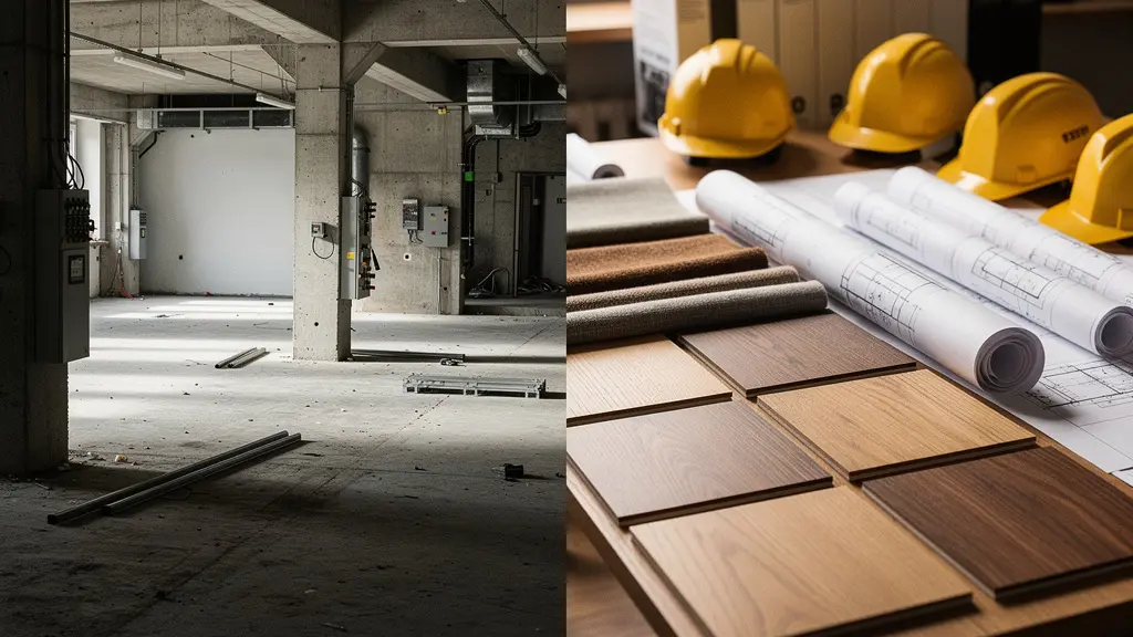 Industrieller Büroraum in Transformation zu modernem Wohnloft