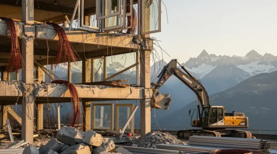 Modernes Bürogebäude im Abbruch zeigt wertvolle Rohstoffe wie Beton, Stahl und Kupfer als urbane Mine