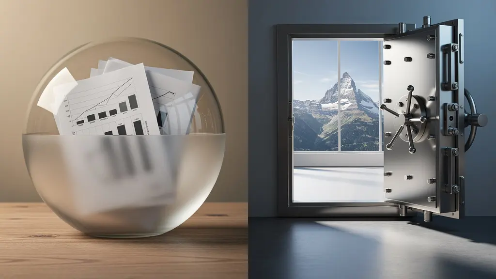 Symbolische Darstellung eines hybriden Versicherungsmantels mit Schweizer Bergen