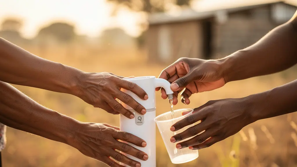 Menschen in ländlicher Umgebung nutzen einen einfachen, robusten Wasserfilter aus Schweizer Produktion