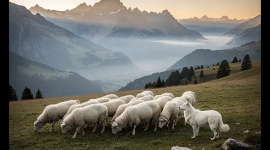 Alpweide mit Schafen und Herdenschutzhund in den Schweizer Bergen bei Sonnenuntergang
