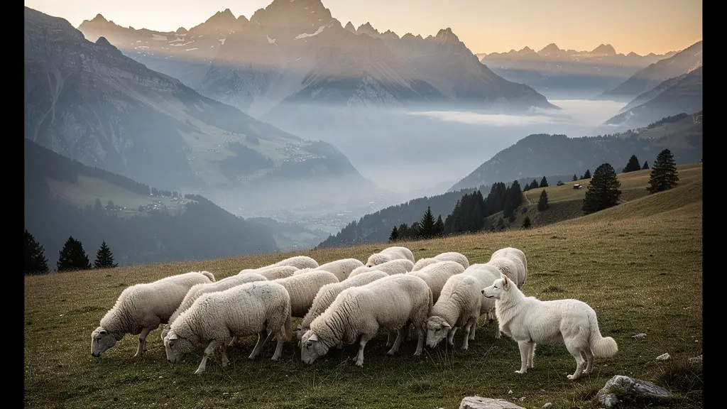 Alpweide mit Schafen und Herdenschutzhund in den Schweizer Bergen bei Sonnenuntergang