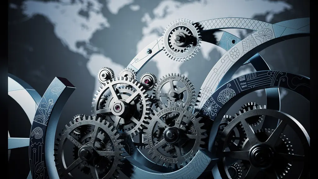 Abstrakte Darstellung globaler Handelsregeln, die als schützendes Netzwerk um präzise Schweizer Zahnräder herum fungieren.