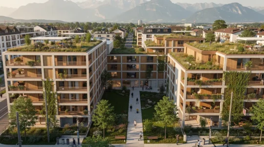Moderne Schweizer Stadtviertel mit nachhaltiger Verdichtung und Lebensqualität
