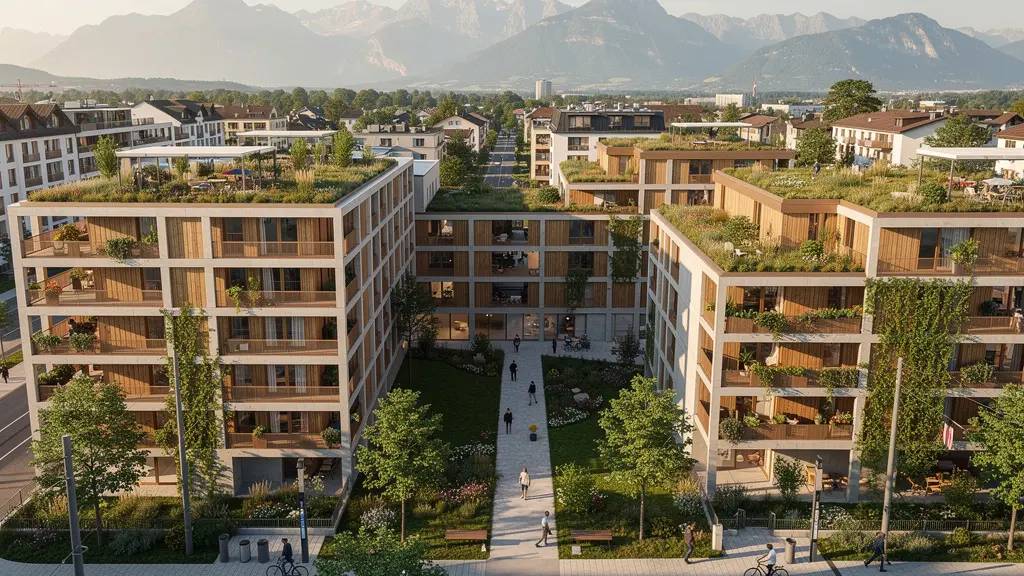 Moderne Schweizer Stadtviertel mit nachhaltiger Verdichtung und Lebensqualität