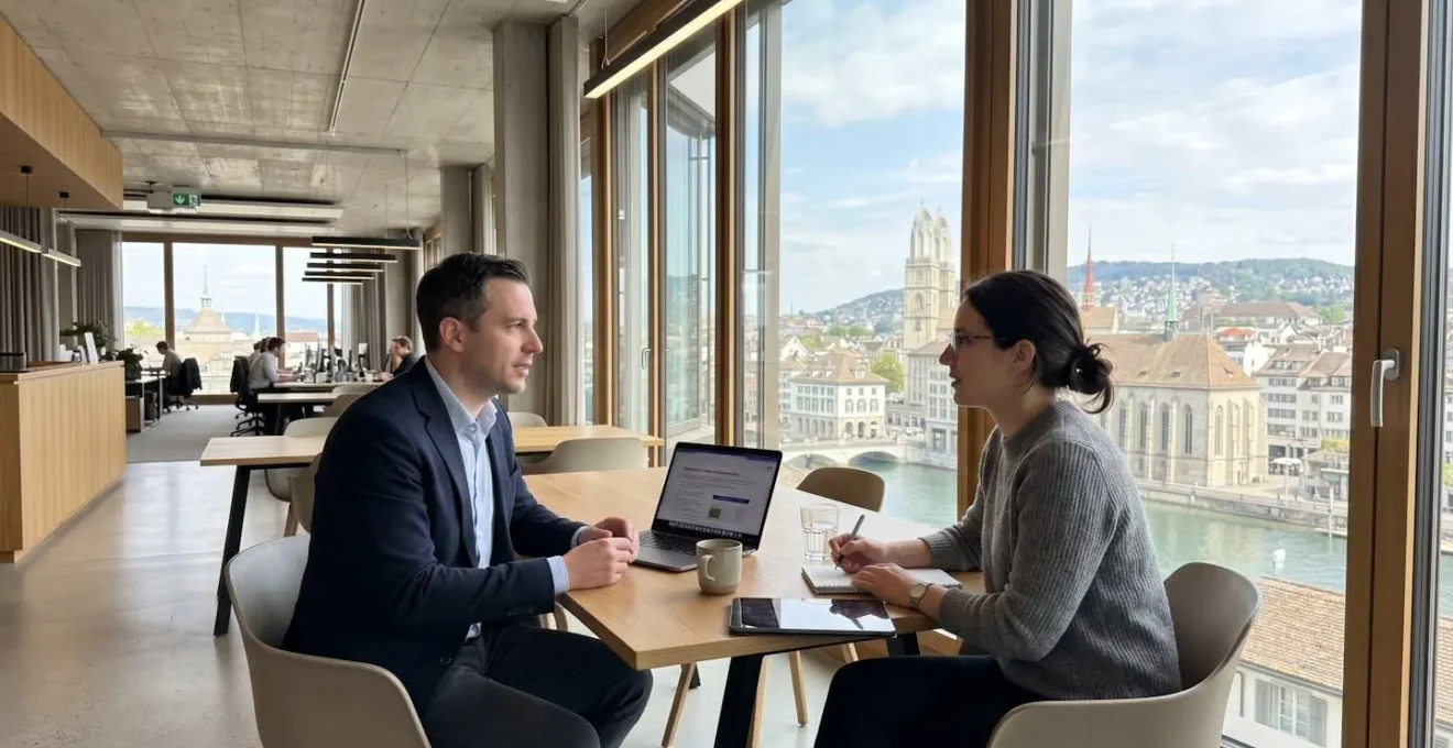 Weitwinkelaufnahme zweier Personen in einem modernen Zürcher Büro mit grossen Fenstern und Blick auf die Schweizer Stadtlandschaft, subtile Interaktion ohne Blickkontakt zur Kamera