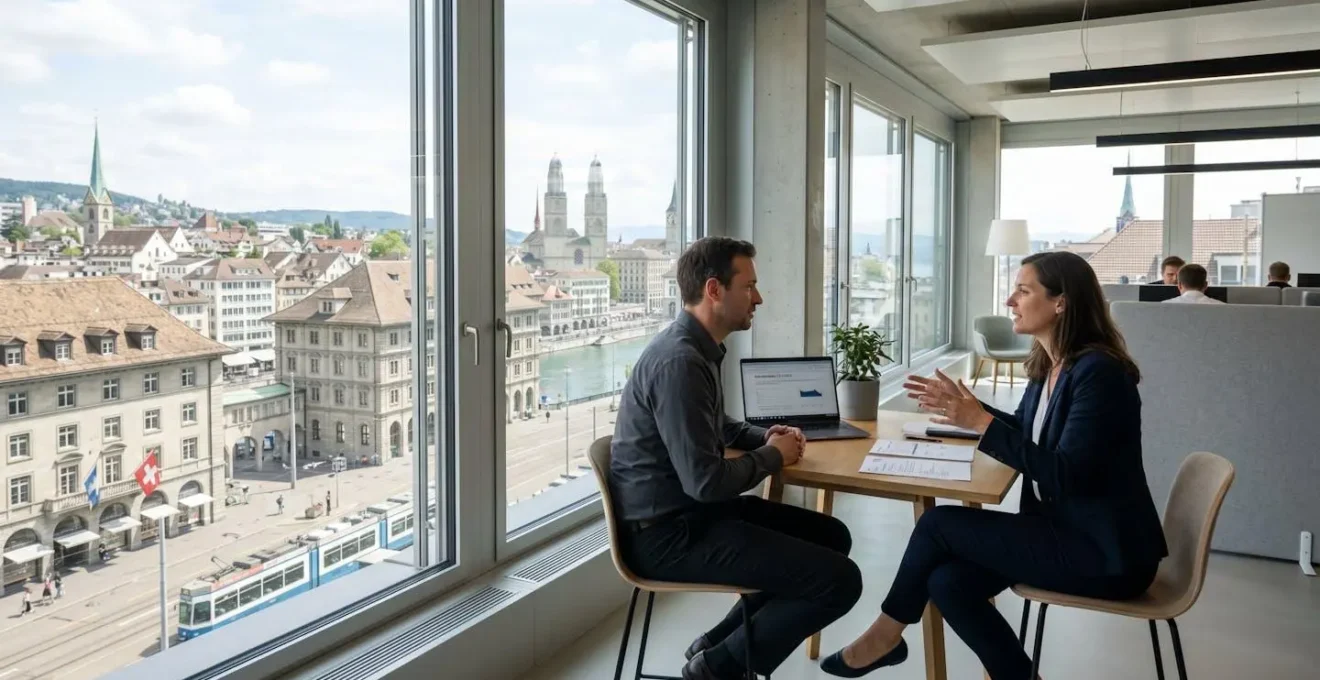 Weitwinkelaufnahme zweier Personen in einem modernen Zürcher Büro mit grossen Fenstern und Blick auf die Schweizer Stadtlandschaft, subtile Interaktion ohne Blickkontakt zur Kamera