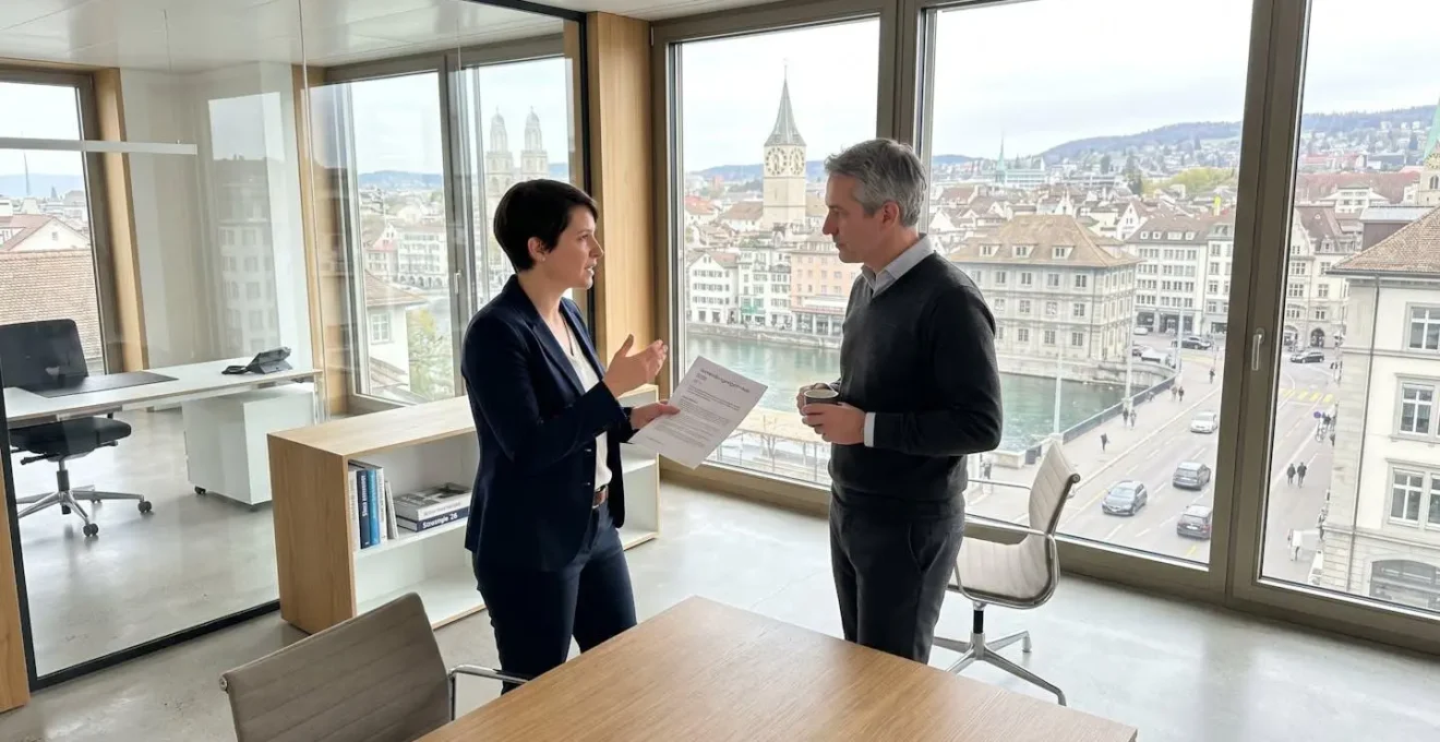 Weitwinkelaufnahme zweier Personen in einem modernen Zürcher Büro mit grossen Fenstern und Blick auf die Schweizer Stadtlandschaft, subtile Interaktion ohne Blickkontakt zur Kamera