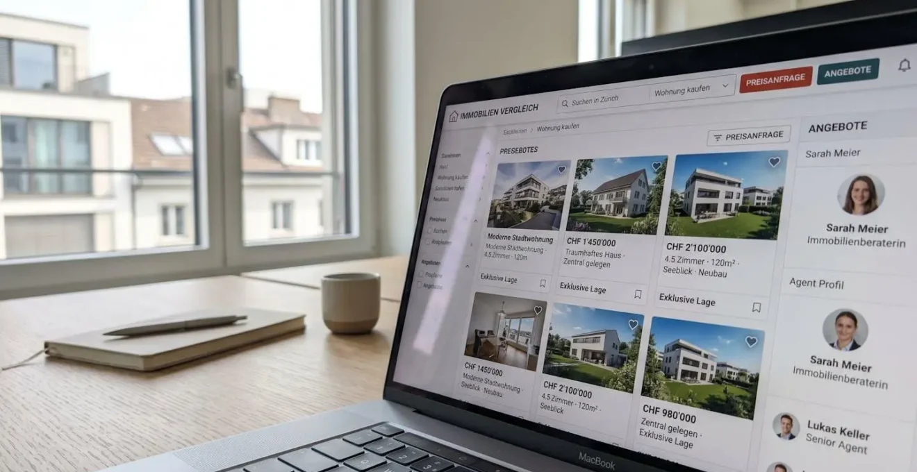 Nahaufnahme eines modernen Laptop-Bildschirms mit einer Immobilien-Vergleichsplattform, die Maklerprofile und Datentabellen zeigt, auf einem aufgeräumten Schreibtisch in einem Zürcher Büro