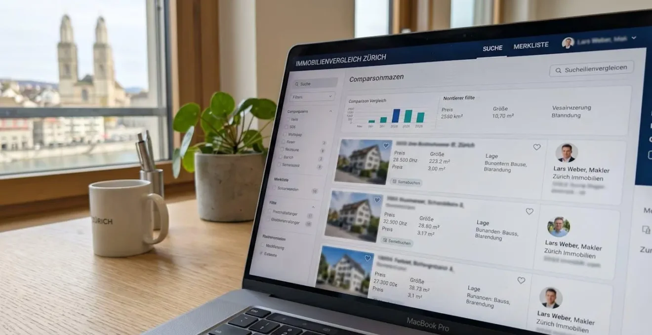 Nahaufnahme eines modernen Laptop-Bildschirms mit einer Immobilien-Vergleichsplattform, die Maklerprofile und Datentabellen zeigt, auf einem aufgeräumten Schreibtisch in einem Zürcher Büro