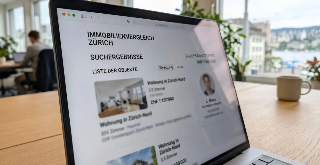 Nahaufnahme eines modernen Laptop-Bildschirms mit einer Immobilien-Vergleichsplattform, die Maklerprofile und Datentabellen zeigt, auf einem aufgeräumten Schreibtisch in einem Zürcher Büro