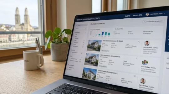 Nahaufnahme eines modernen Laptop-Bildschirms mit einer Immobilien-Vergleichsplattform, die Maklerprofile und Datentabellen zeigt, auf einem aufgeräumten Schreibtisch in einem Zürcher Büro