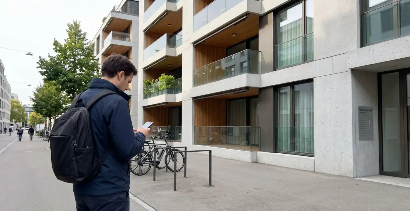 Eine Person von hinten fotografiert, die vor einem modernen Schweizer Wohngebäude in Zürich steht und auf ihr Smartphone schaut, natürlicher Alltagsmoment in urbaner Umgebung
