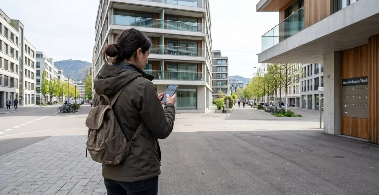Eine Person von hinten fotografiert, die vor einem modernen Schweizer Wohngebäude in Zürich steht und auf ihr Smartphone schaut, natürlicher Alltagsmoment in urbaner Umgebung