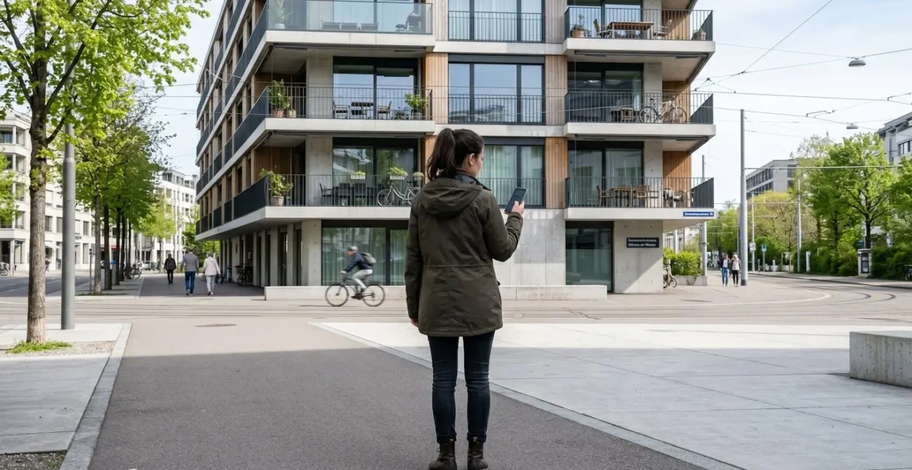 Eine Person von hinten fotografiert, die vor einem modernen Schweizer Wohngebäude in Zürich steht und auf ihr Smartphone schaut, natürlicher Alltagsmoment in urbaner Umgebung